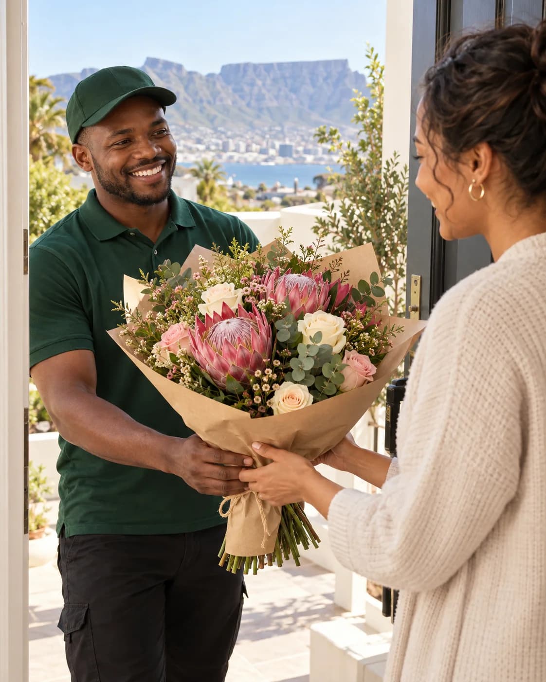 Courier delivering a bouquet of fresh flowers to a customer at her Cape Town home