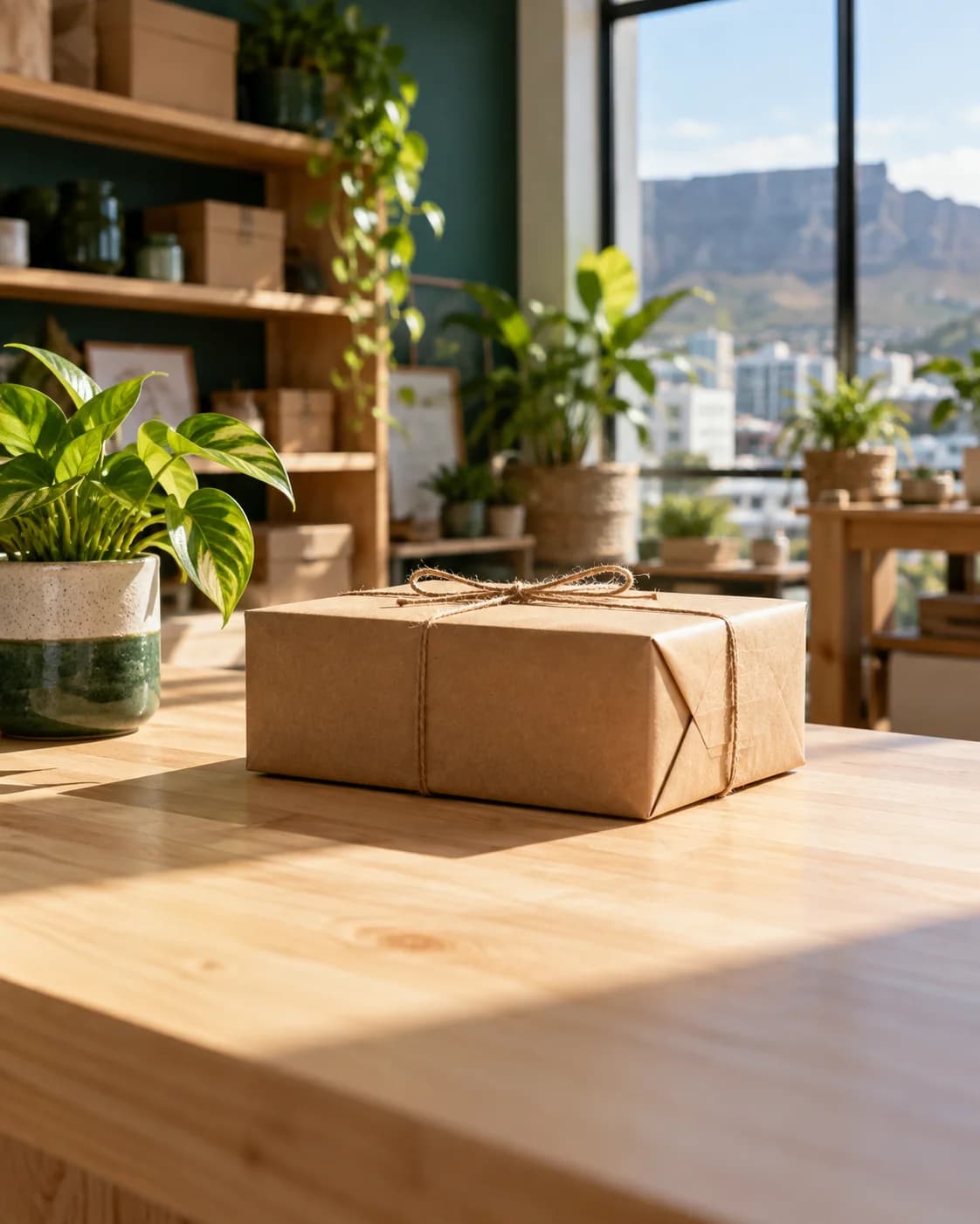 A wrapped parcel ready for delivery on a sunlit studio counter